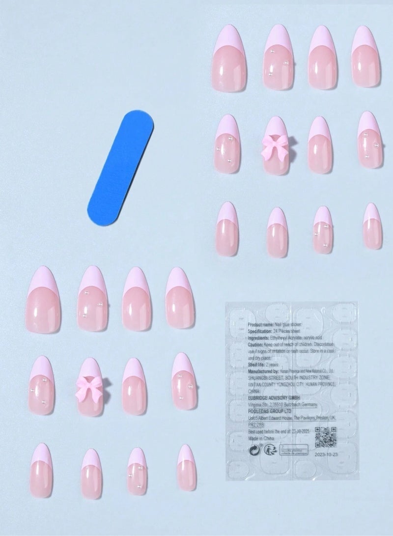 Layali 24-Piece Full Cover False French Tip Press on Nails,Medium Fake Nails Almond Glue on Nails Bow Charm Pearl Design Acrylic Nails(Pink) - Image 3